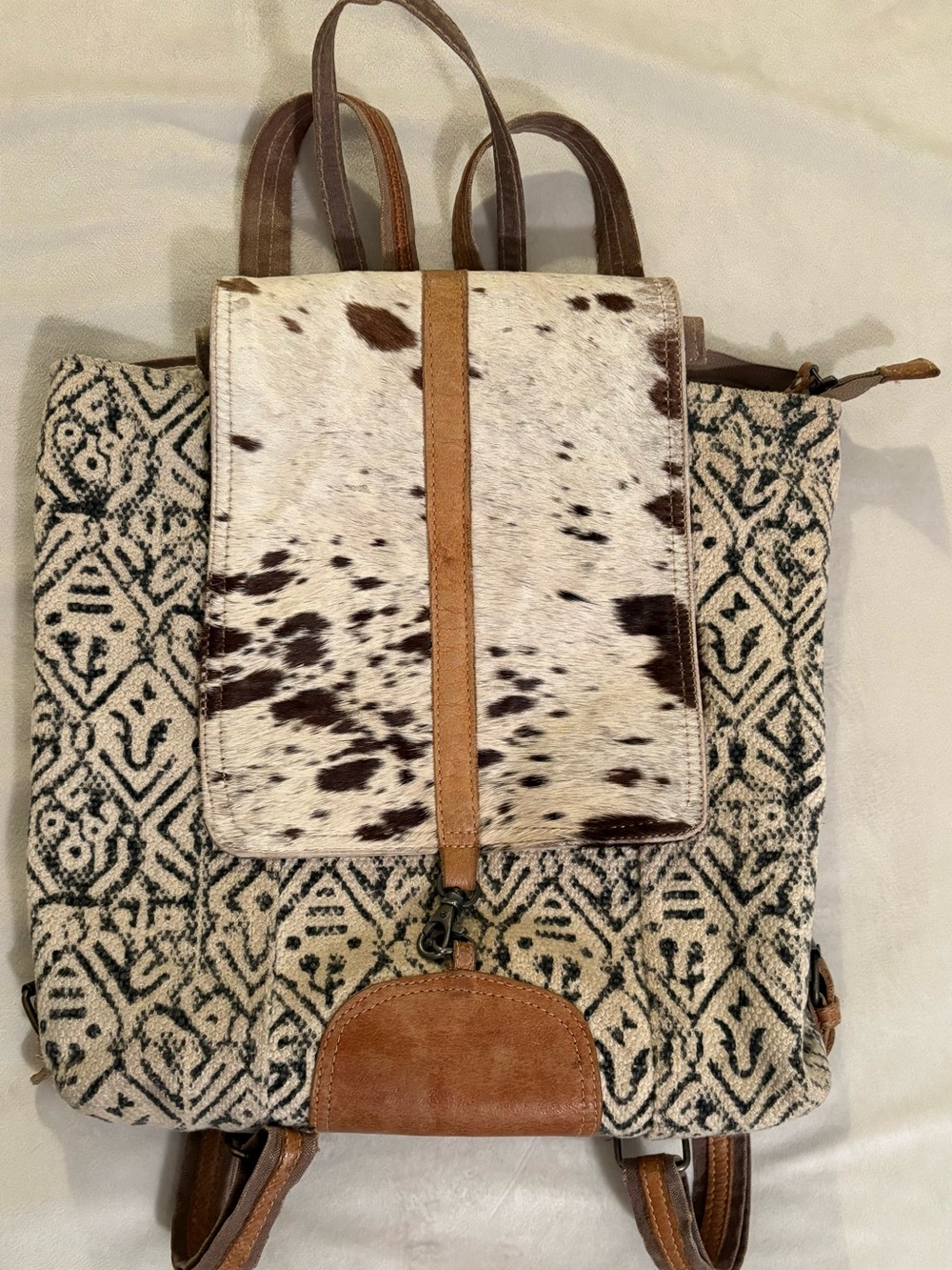Myra Bag Cowhide Leather Canvas Backpack Western